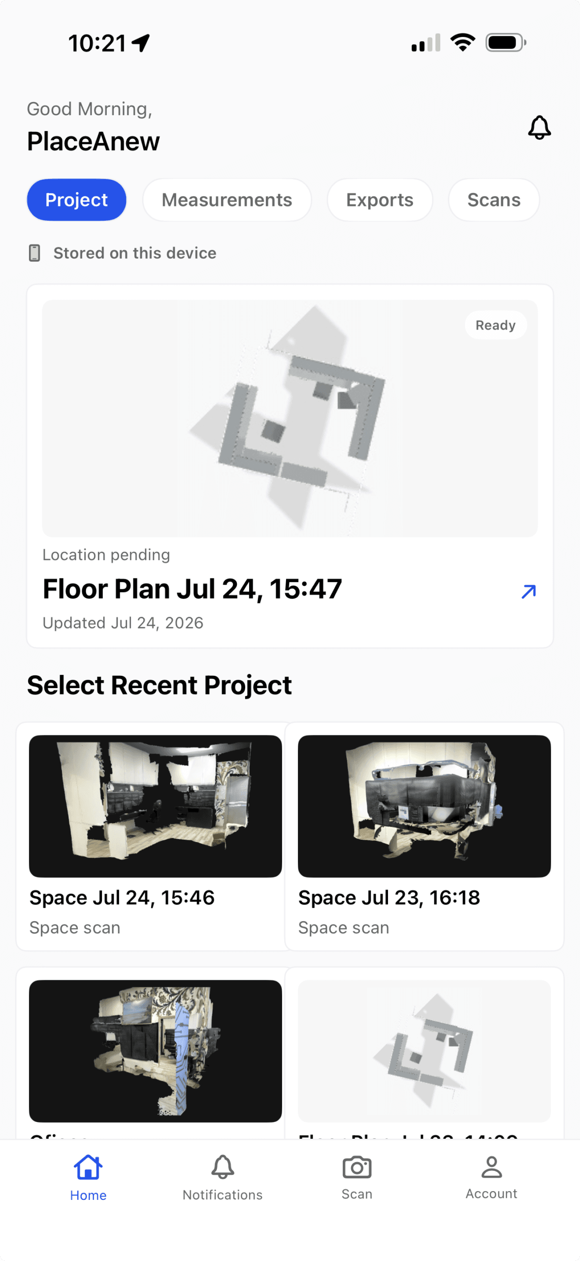 USC PlaceAnew mobile research interface showing a device-validated space-scan library and a generated floor-plan project.