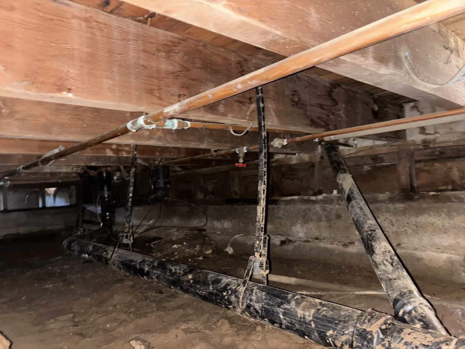 Replacement drain piping and hangers beneath a residential floor during repiping work.