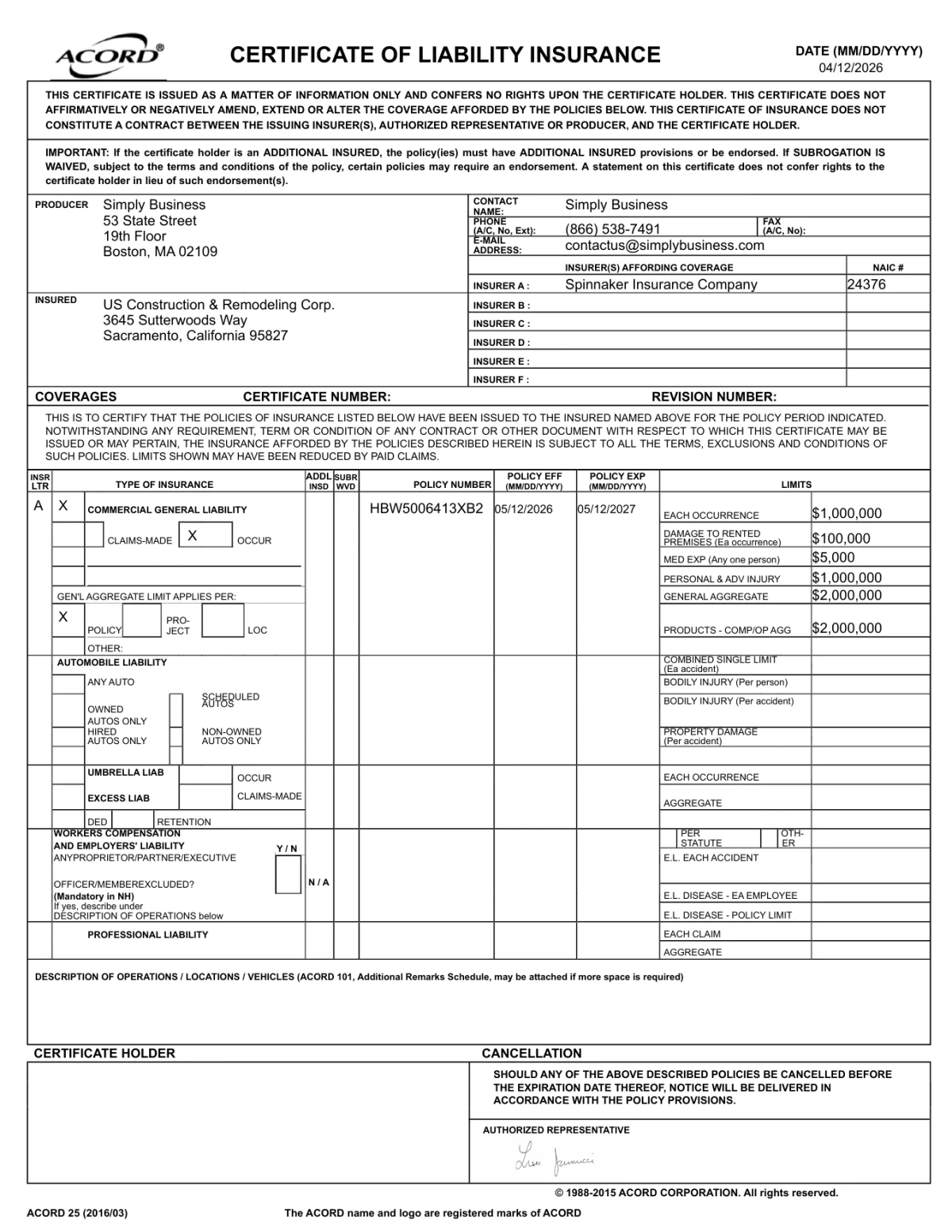 ACORD certificate of insurance for US Construction & Remodeling, valid through May 12, 2027