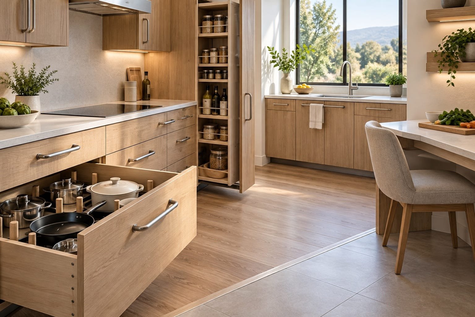 Planning concept showing deep cookware drawers, a pull-out pantry, easy-grip handles, task lighting and a smooth flooring transition