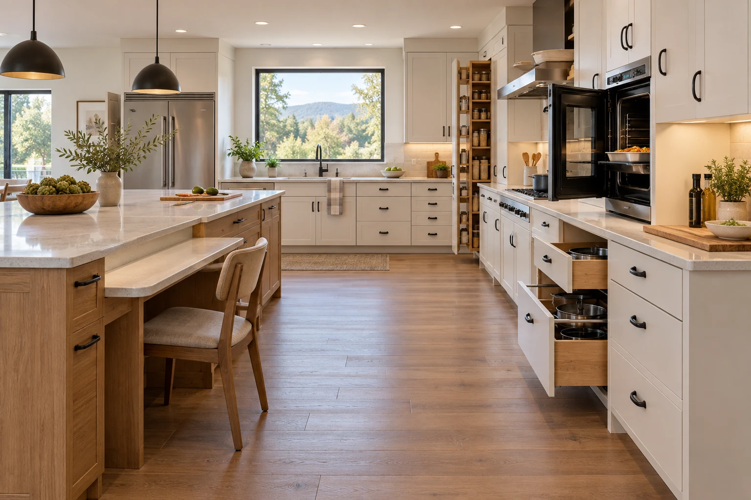 Planning concept for a residential accessible kitchen with clear circulation, seated prep space, drawers and reachable appliances