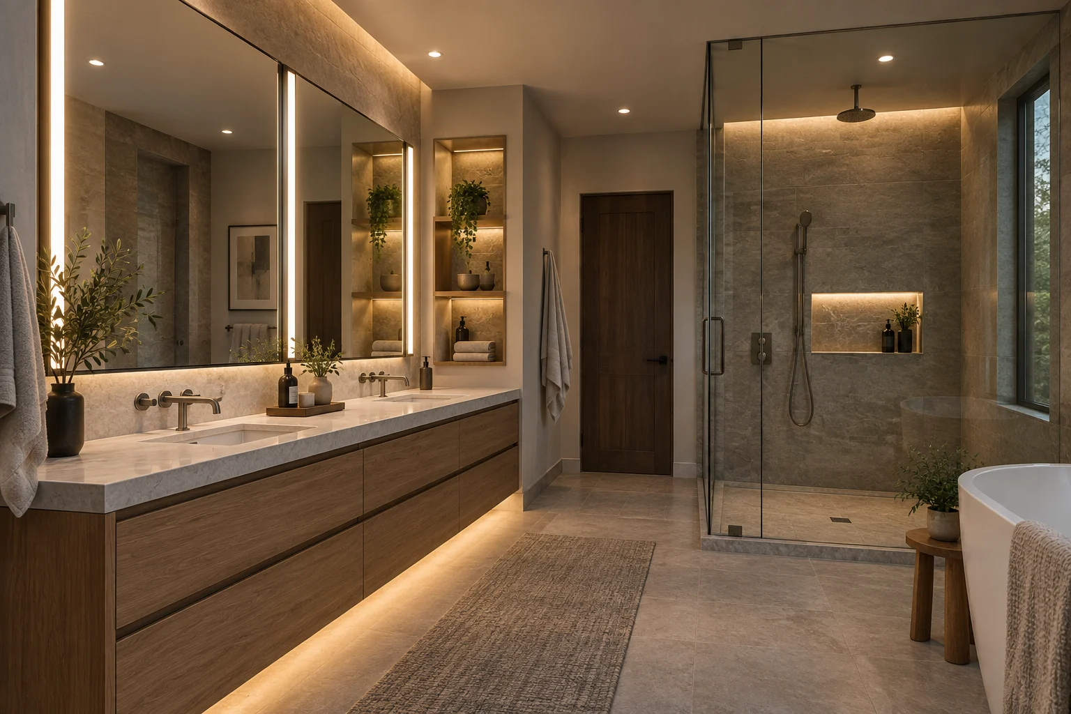 Architectural visualization of a modern bathroom with mirror, ceiling, shower, niche, and