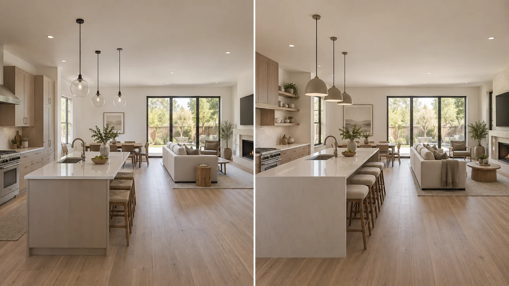 Concept comparison of the same open-plan kitchen and living room with a generic layout on the left and coordinated design decisions on the right