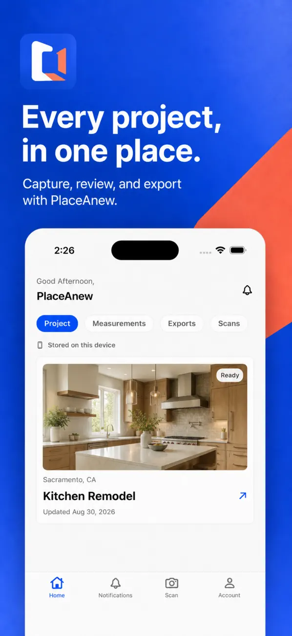 Official PlaceAnew App Store image showing its project, measurements, exports, and scans tabs