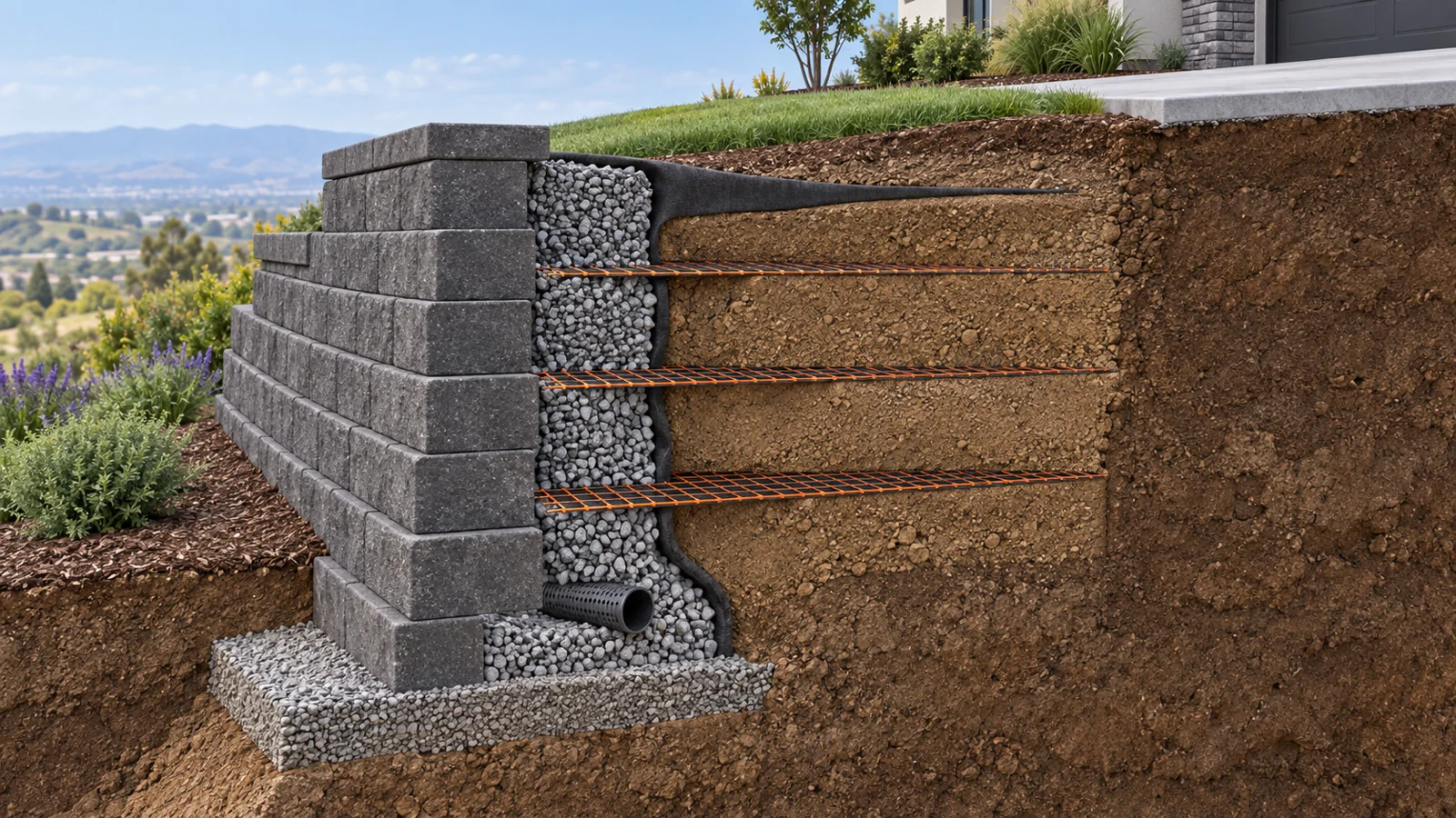 Concept cutaway of a segmental retaining wall showing wall units, drainage gravel, perforated pipe, geogrid and compacted backfill