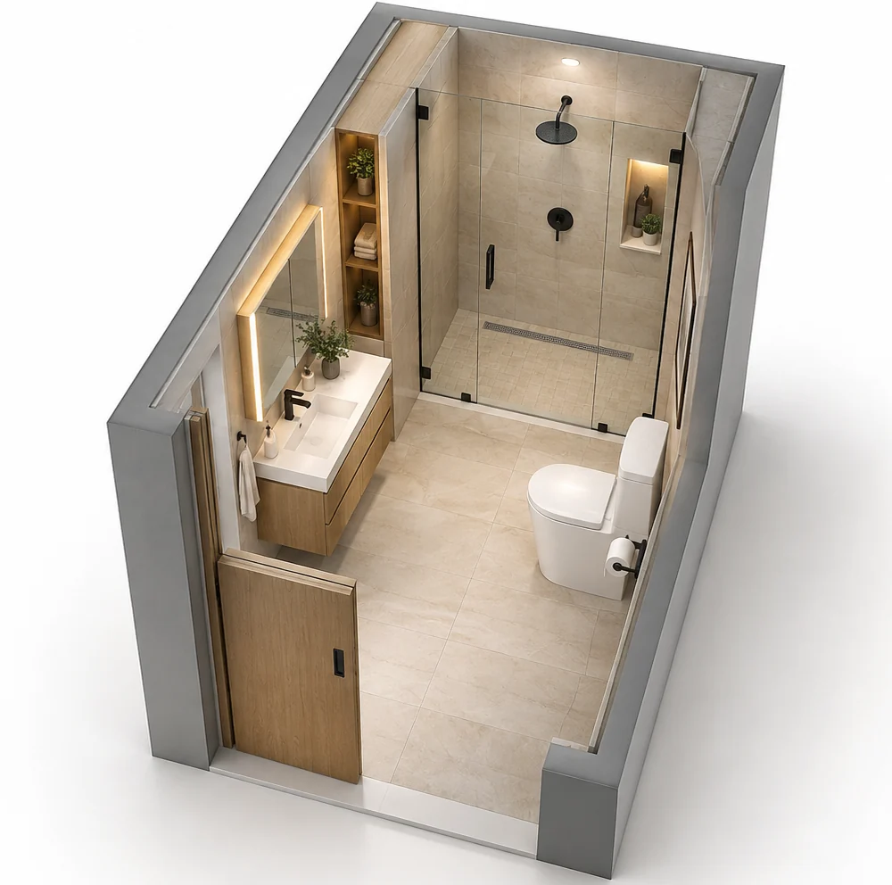 Isometric 3D bathroom plan with a pocket door, slim vanity, toilet, glass