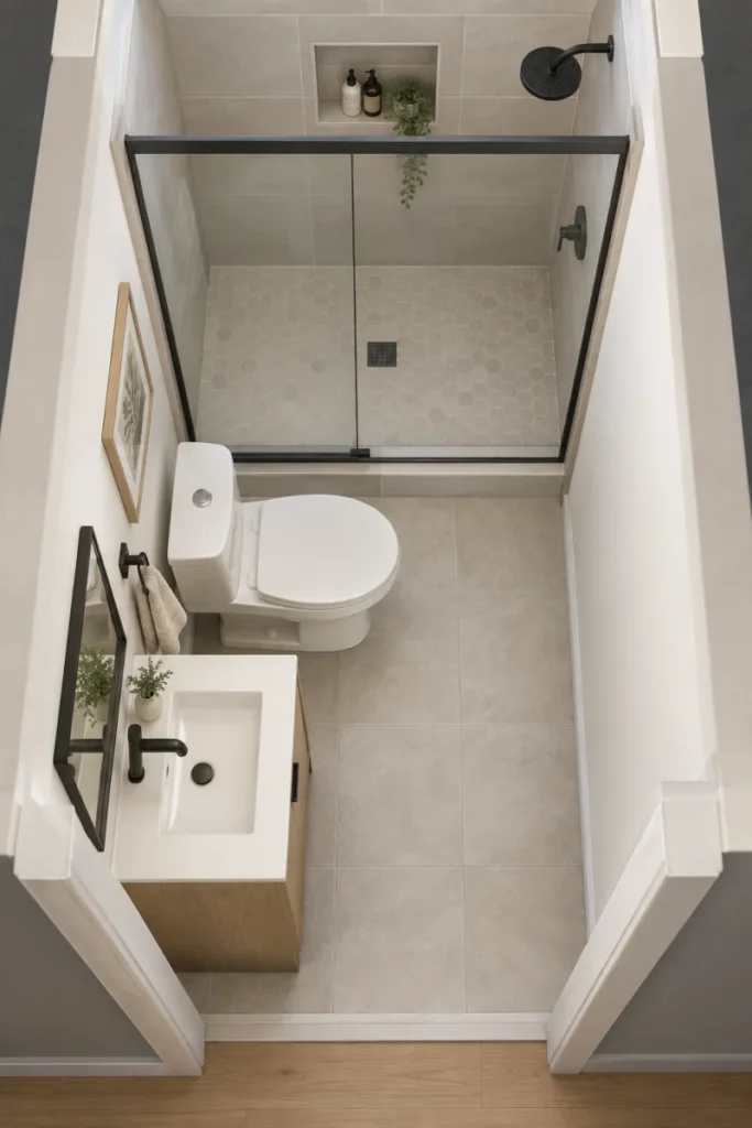 Top-down 3D view of a narrow small bathroom with a full-width shower at the far end