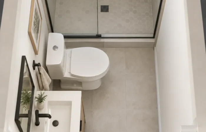 Top-down 3D view of a narrow small bathroom with a full-width shower at the far end
