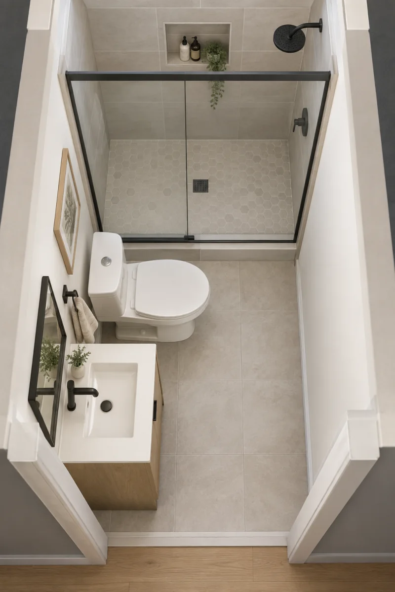 Top-down 3D view of a narrow small bathroom with a full-width shower