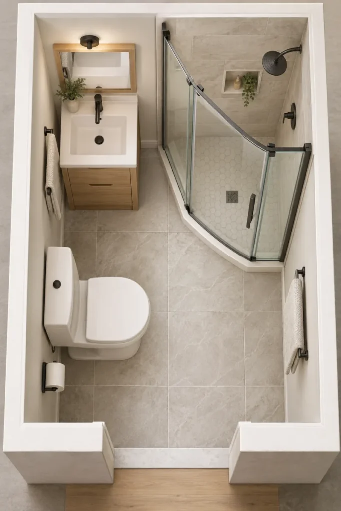 Top-down 3D view of a compact small bathroom with a corner shower