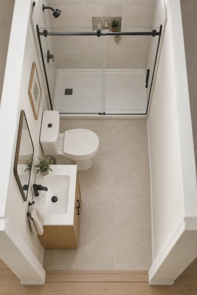 Top-down 3D view of a small bathroom with a tub footprint converted