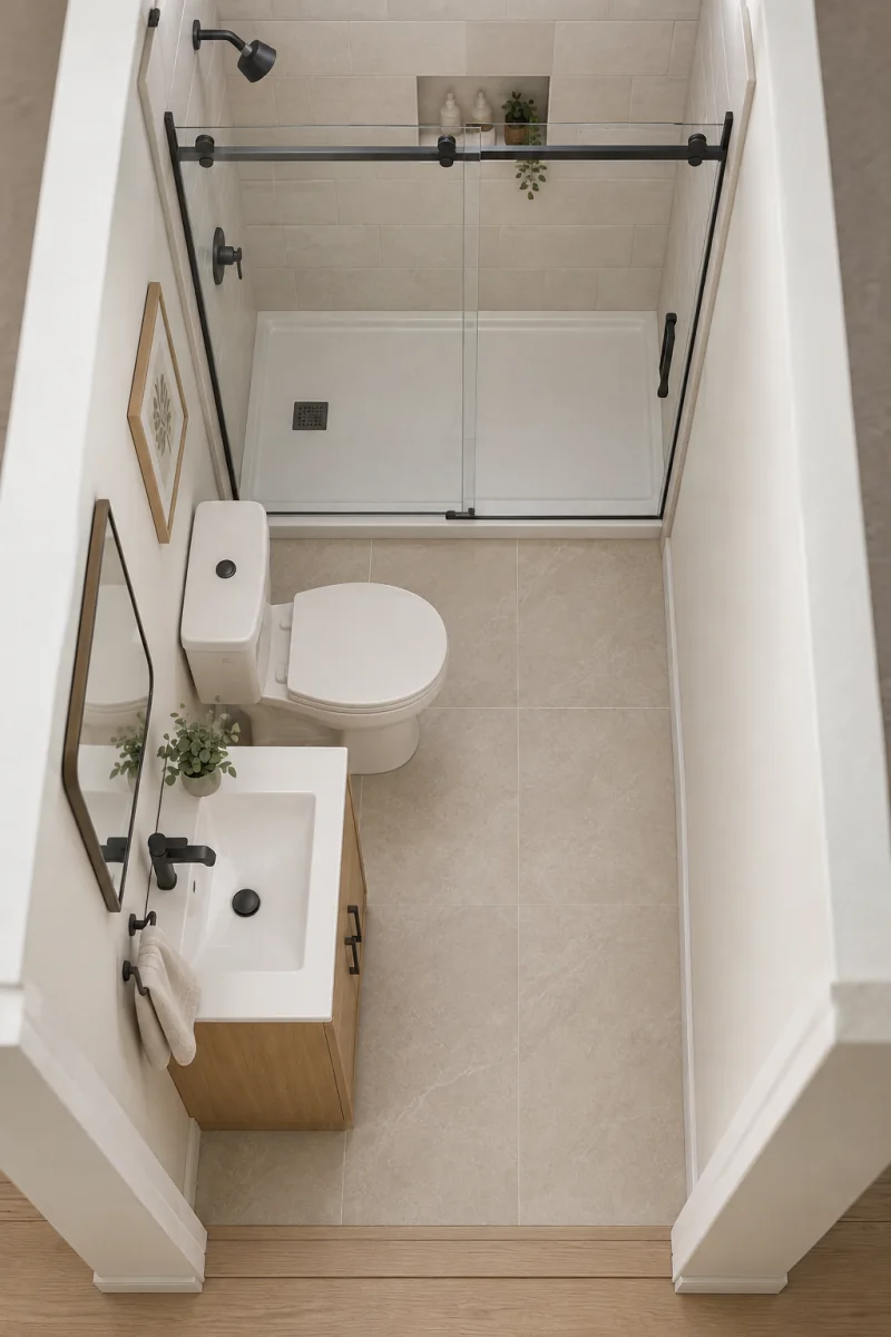 Top-down 3D view of a small bathroom with a tub footprint converted