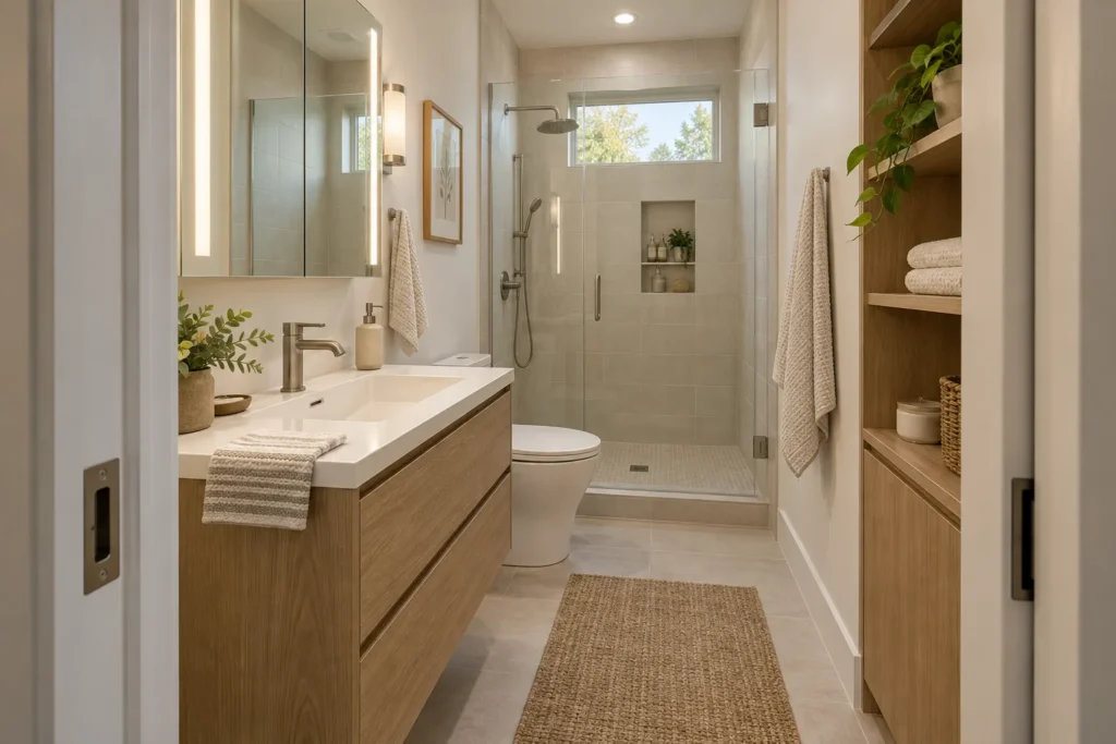 Small bathroom planning concept with a slim vanity, clear glass shower, recessed