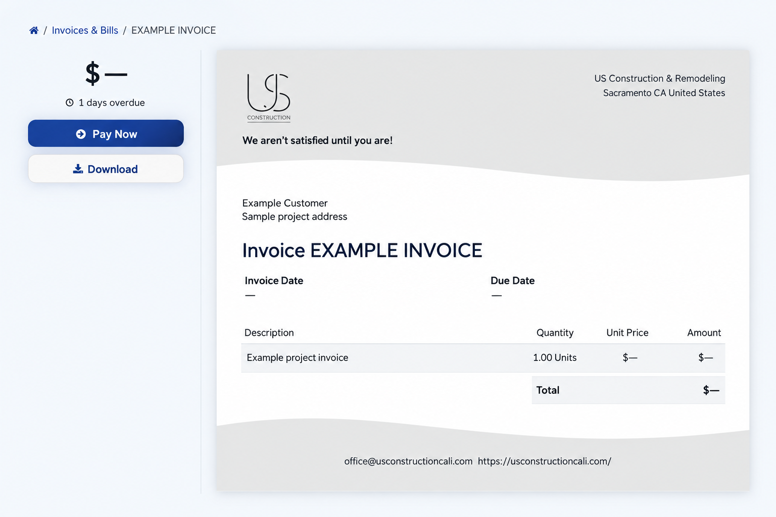 Example USC customer invoice with Pay Now and Download buttons