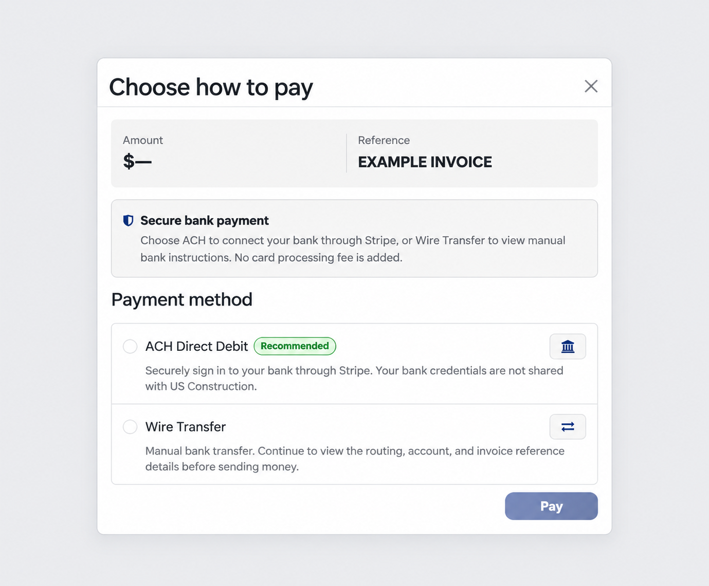 Example payment window offering ACH Direct Debit and Wire Transfer