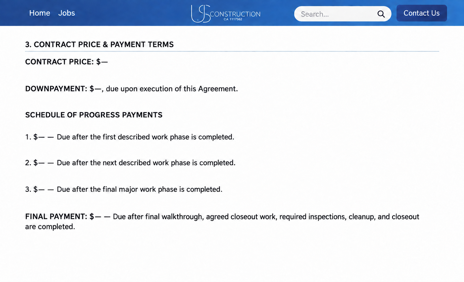 Anonymized USC ERP customer contract showing a schedule of progress payments