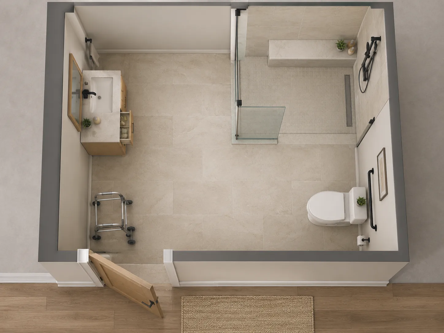Overhead bathroom design visualization showing the entry, vanity, toilet and shower operating areas