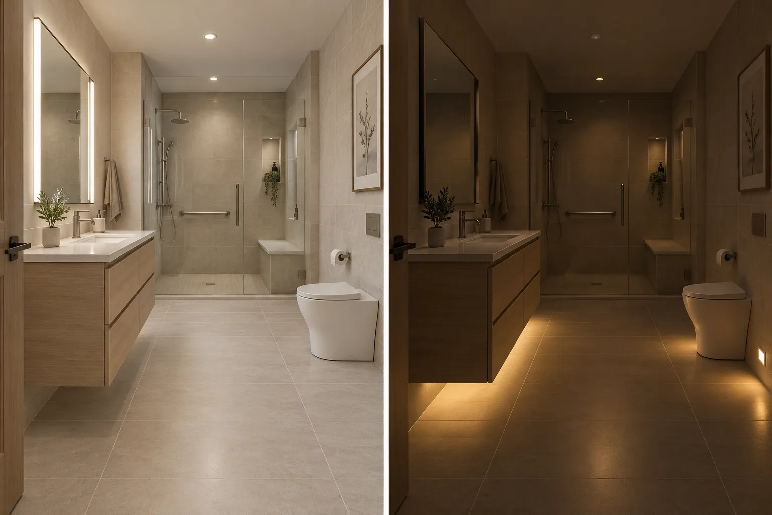 The same bathroom design shown with daytime general and mirror lighting and with lower nighttime route lighting