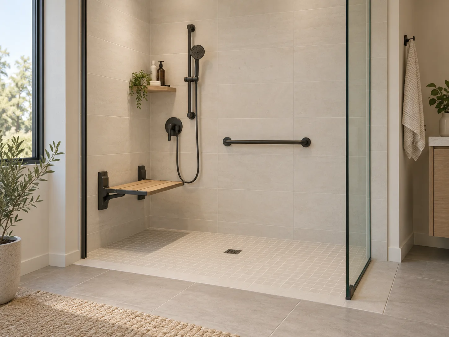 Bathroom design visualization with a folding shower seat, support bar, handheld shower and nearby controls